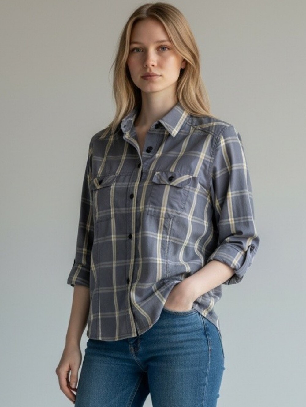 Arc'teryx Cotton Blend Women's Grey, Brown, White Plaid Button-Down Shirt